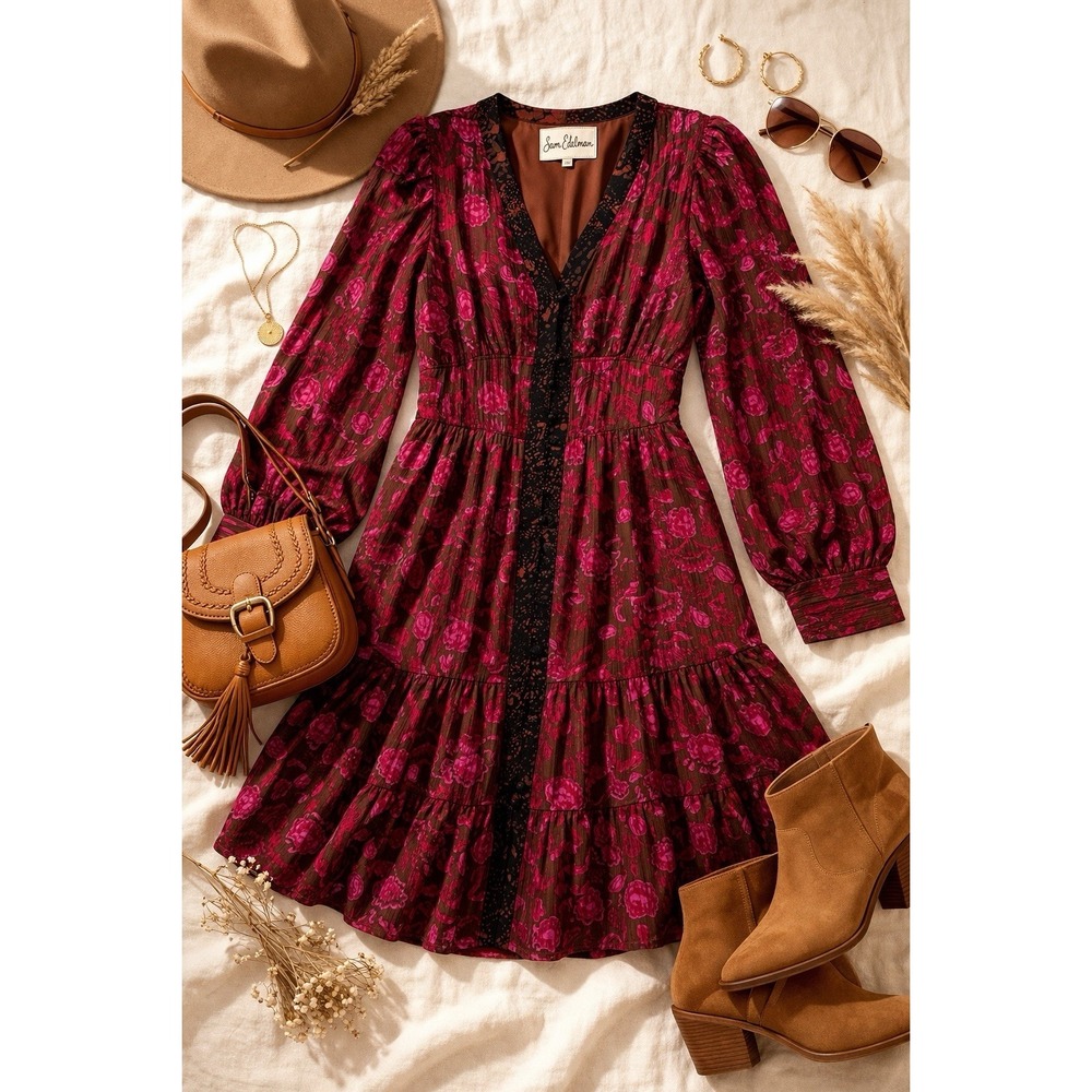 Sam Edelman Dress XS Burgundy Floral Boho Peasant Tiered V Neck Buttoned